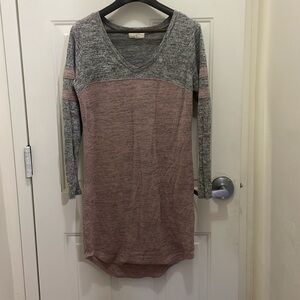 Pink and Gray V-Neck Sweater Dress